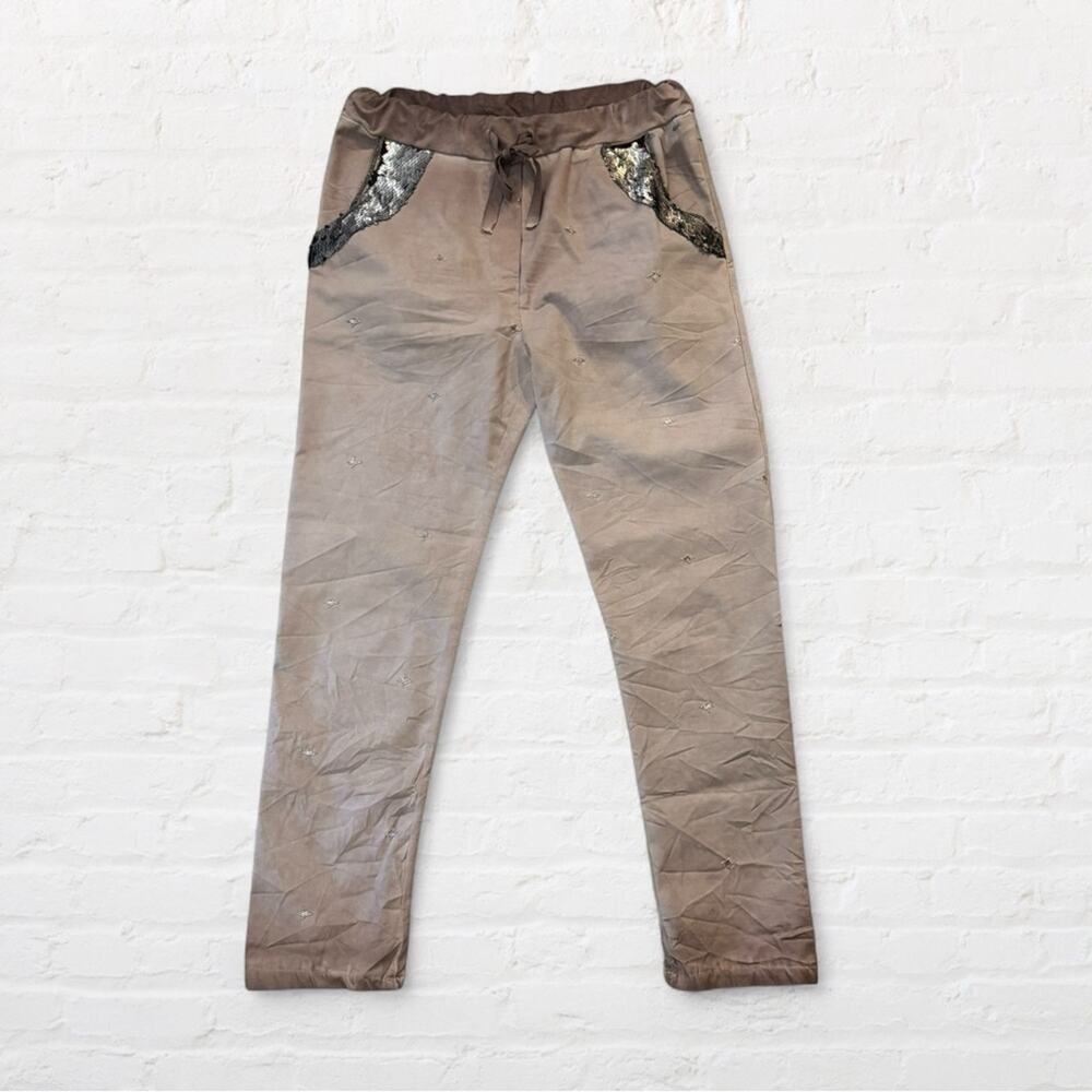 Sabina Bach Mauve/Taupe Skinny Pants with Sequin Details, Made in Italy